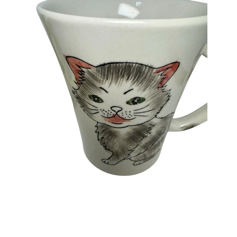 Pier 1 Imports Double Sided Huge Gray Kitten Tail Handle Coffee Mug tea Ceramic